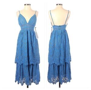 Saylor Safia Midi Dress Tiered Lace V Neck Plunge Blue Cotton Blend NEW xs